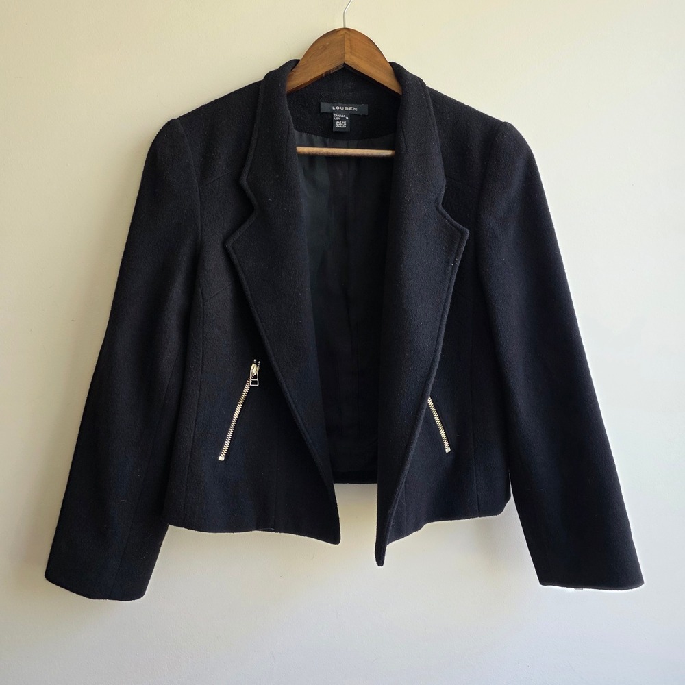Louben Vintage Black Wool Cashmere Blend Blazer Jacket Size 10 Office Military